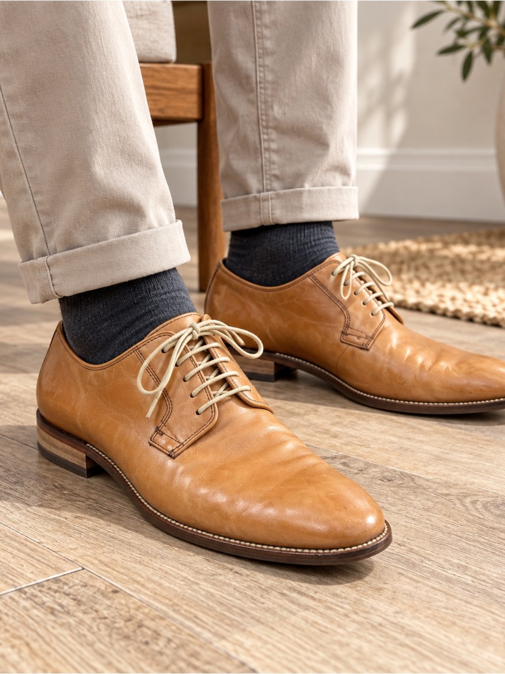 Cole Haan Men’s 8.5M Tan Cognac Leather Lace-Up Derby Dress Shoes C25114